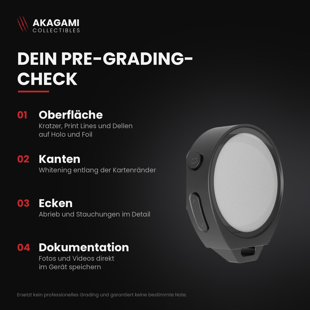 Pre-Grading-Check mit dem Karten-Mikroskop Akagami Card Scope: Oberfläche, Kanten, Ecken, Dokumentation